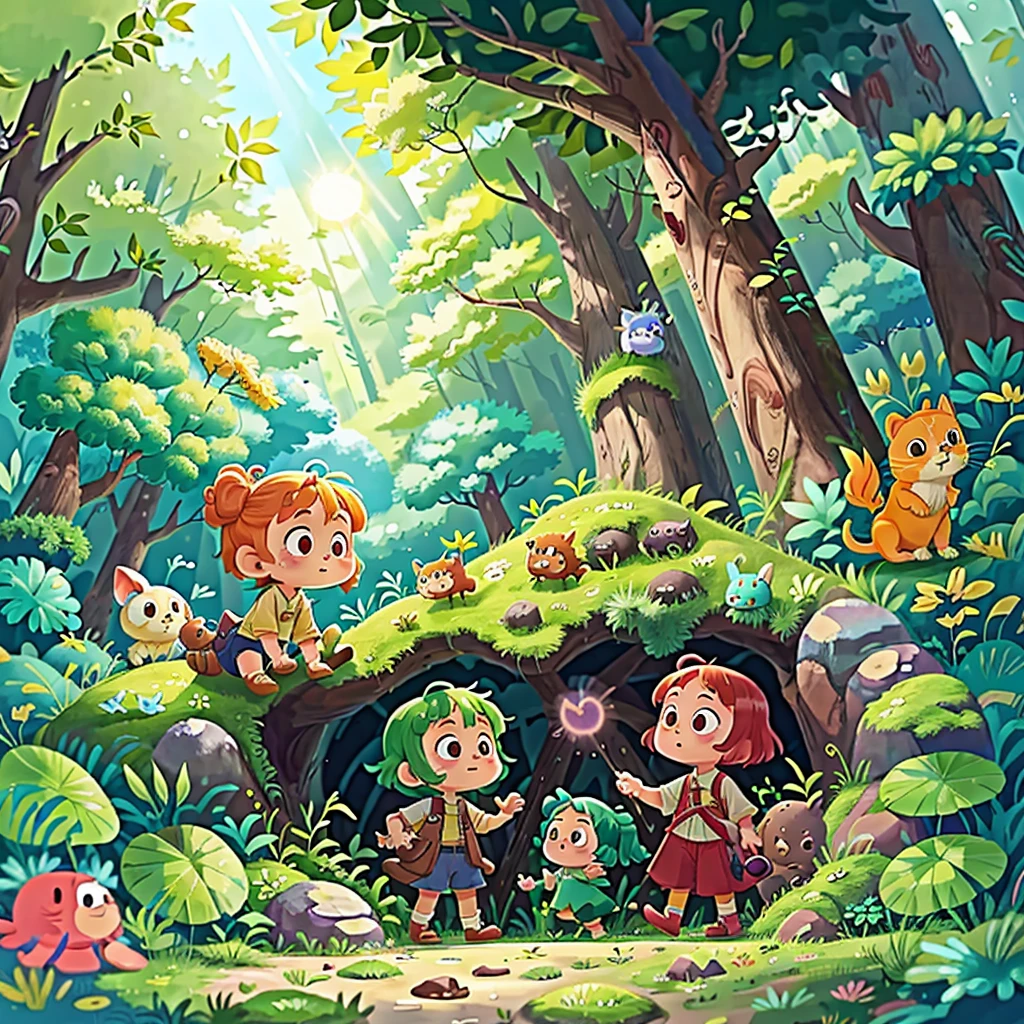 Lily、、lot、Pippi is curious、clever、Lively、Love exploring the forest. The sun is bright and the protagonists are playing in the forest.,The sun is high in the sky. The sun in the blue and green scenery illuminates the characters and the forest.