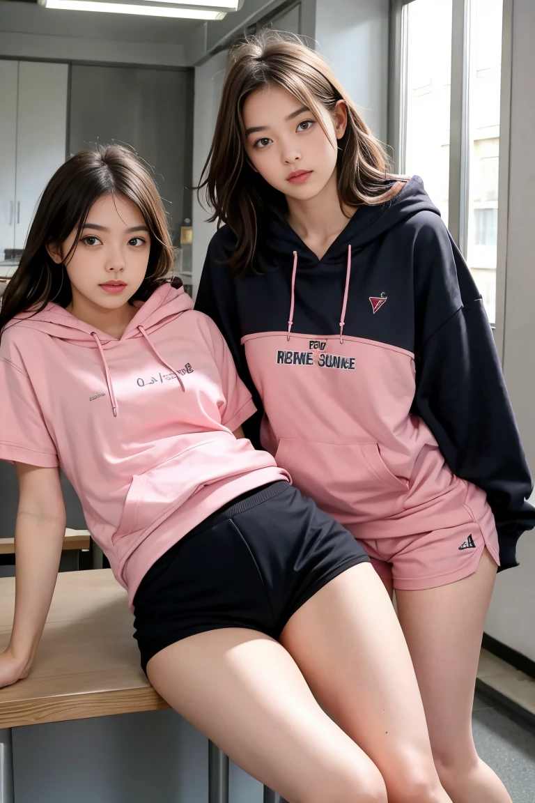 deux femmes ensemble de 18 ans sexy et mince , pink short sleeve hoodie , salle de classe, se touche,position sey,sensuel,visible legs,
