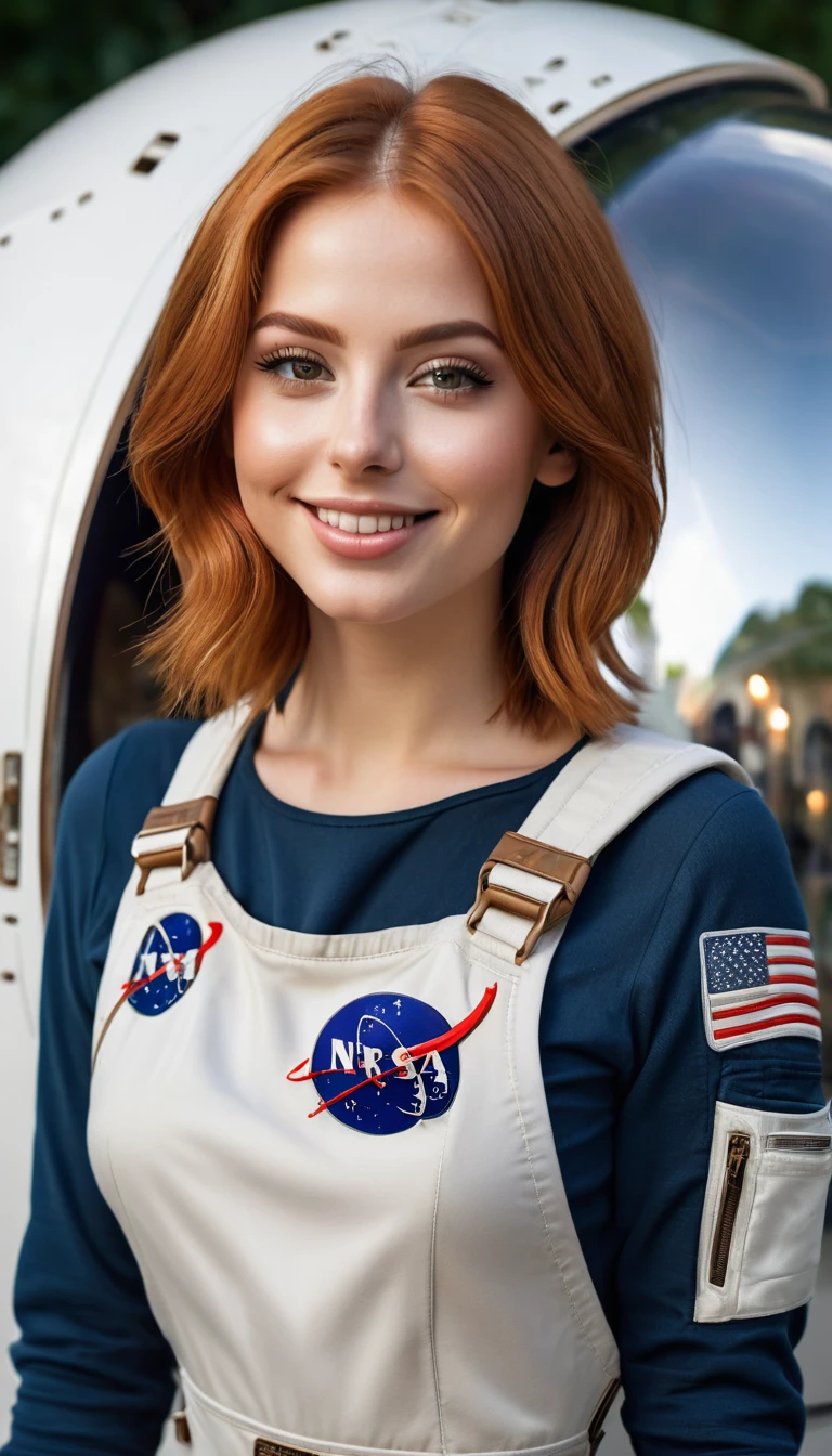 ultrarealistic high quality full body photo of a beautiful busty slim european 25-year-old woman with cute hyperdetailed shy face and natural redhead middle length hair and shy smile , realistic round hazel eyes, natural lips, dark eye makeup with eyeliner, wearing shiny astronaut overall outfit, hourglass body, outdoor photography in futuristic world, tanned