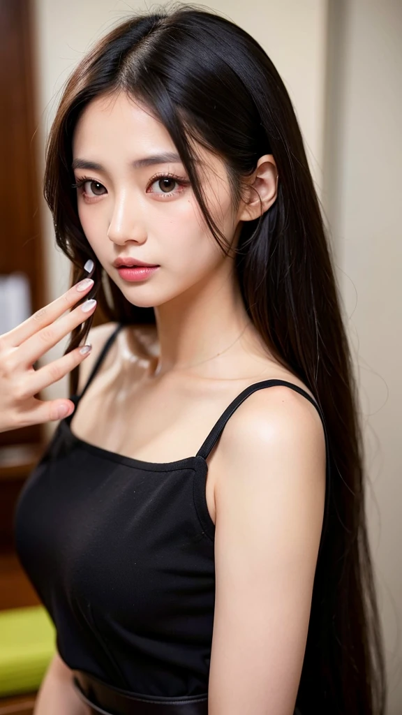 30-year-old woman Black Top Long Hair sex appeal Glossy feel Slit eyes Small face tall Slanted Eyes Fair skin
