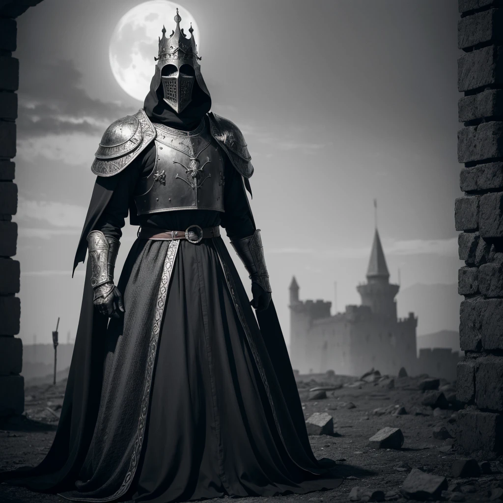 Create a drawing of a desolate king in the midst of war, but maintaining his firm stance. Medieval gothic style, a style that leads to horror like dark souls, surrealist
