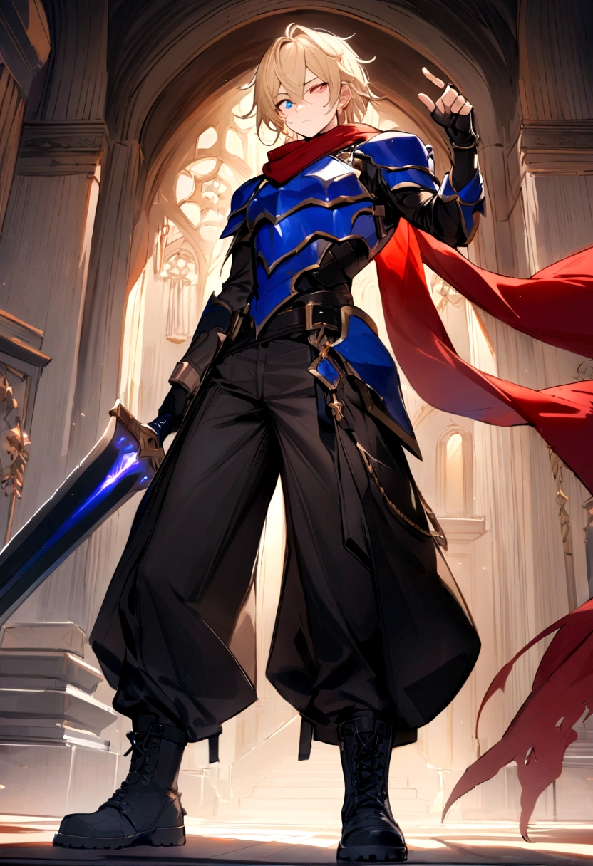 ((Best Quality)), ((Masterpiece)), (detailed), Name: Kaiser genre: male height: 1.71 meters Hair Color: Light Blonde Hair Style: Something long, slightly messy Eye Color: Constitution Royal Blue: Athletic but not exaggerated clothing: black light armor + Red scarf + black baggy pants + combat boots + red double edged sword + black gloves with bare fingers