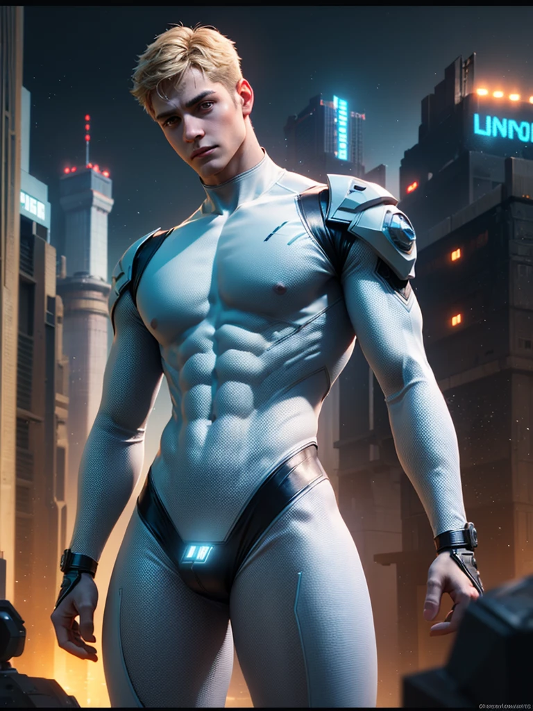((best quality)), ((masterpiece)), ((realistic)), (detailed), (photorealistic:1.5), a futuristic boy, (mascular body), (white bodysuit), lights on armor, cybernetic headwear, looking at viewer, dynamic pose, post apocalyptic, destroyed city background, buildings on fire, science fiction, hdr, ray tracing, nvidia rtx, super-resolution, unreal 5, subsurface scattering, pbr texturing, post-processing, anisotropic filtering, depth of field, maximum clarity and sharpness, rule of thirds, 8k raw, (luminescent particles:1.4), (extremely detailed cg, unity 8k wallpaper, 3d, cinematic lighting, lens flare), reflections, sharp focus, cyberpunk art, cyberpunk architecture,