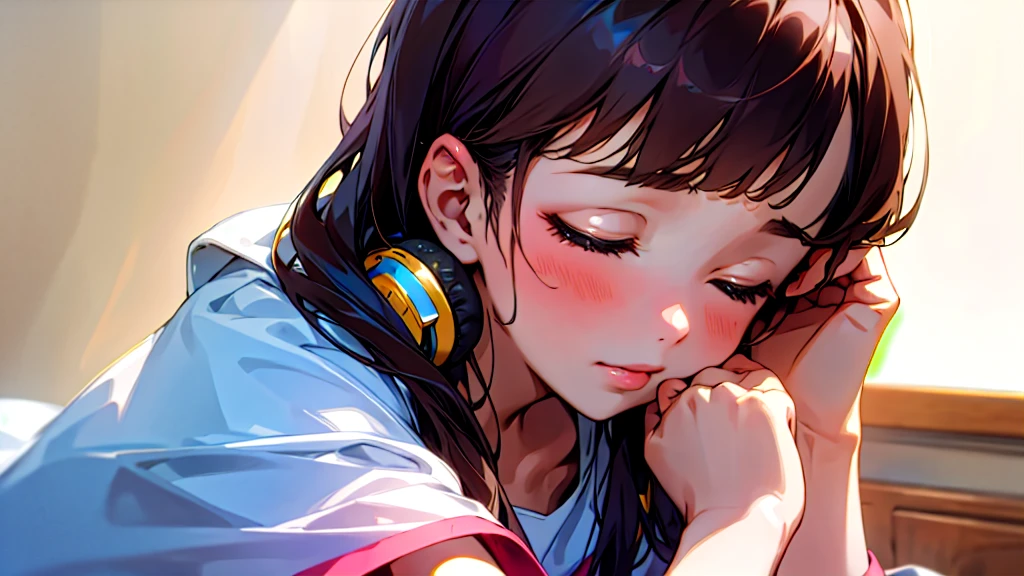 (Highest quality, masterpiece, Ultra-realistic), Beautiful and delicate１５Year-old girl portrait, With a calm and gentle expression, The background is the bedroom at home.、I am studying hard at my desk.、Holding a pen、Cute clothes、Bust is C cup、Wearing headphones and occasionally listening to music、Dance occasionally、When listening to music, I put my hands over my ears and close my eyes.