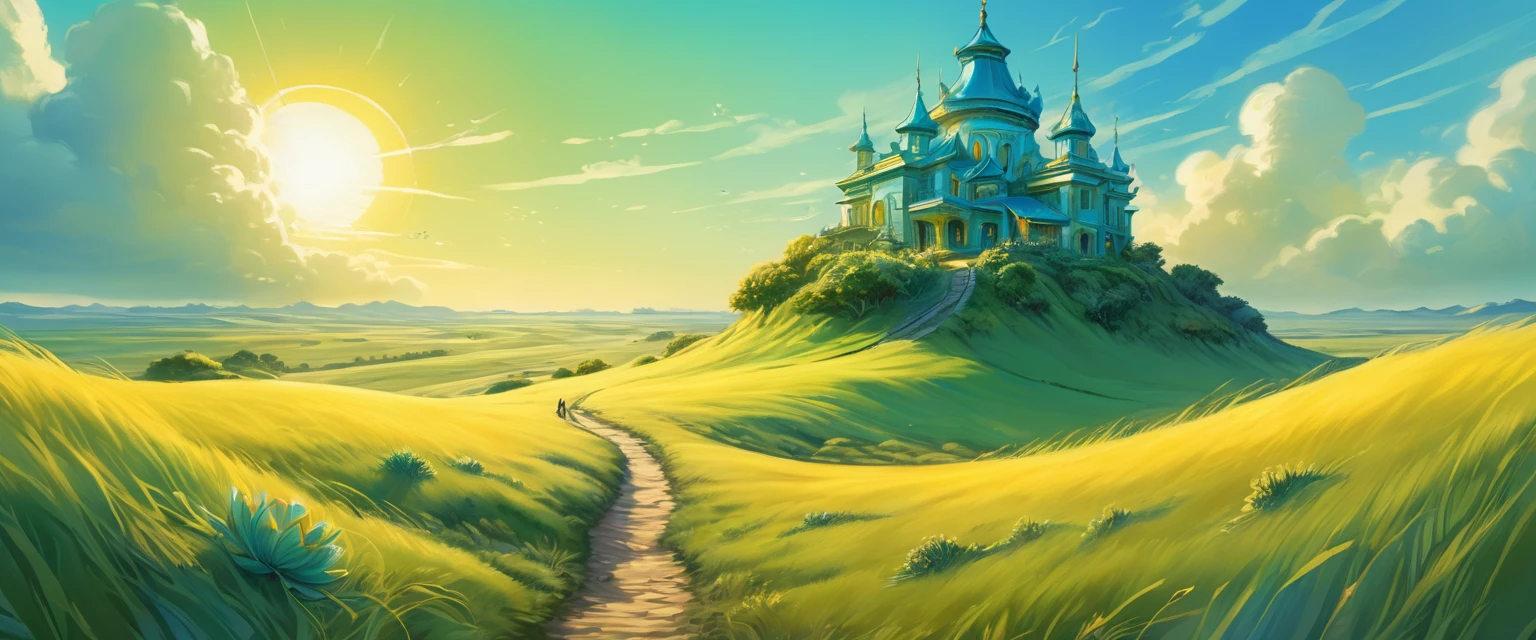 Dream illustration, similar to a fairy tale, oil painting, 8K，k hd, Rick and Mothry, fund, Beautiful steppe plains, High definition, doradas, yellow light, Light blue-green, Carmim, light green, sunrise colors, doradas glow atmosphere (digital drawing:1.2), comic style, ToonYou Style, illustrative funk, Graffiti de contra-onda, Perspective view, Close extremo do rosto, tee shirt graphic, Ultra High definition, realisitic, bright coloured, highy detailed, Ultra High definition drawing, pen and ink, perfect composition, Linda, detailed, intricate, insanamente detailed, octane rendering trend in artstation, 8k art photography, Arte conceitual fotorrealisitic, soft natural volumetric cinematic perfect light