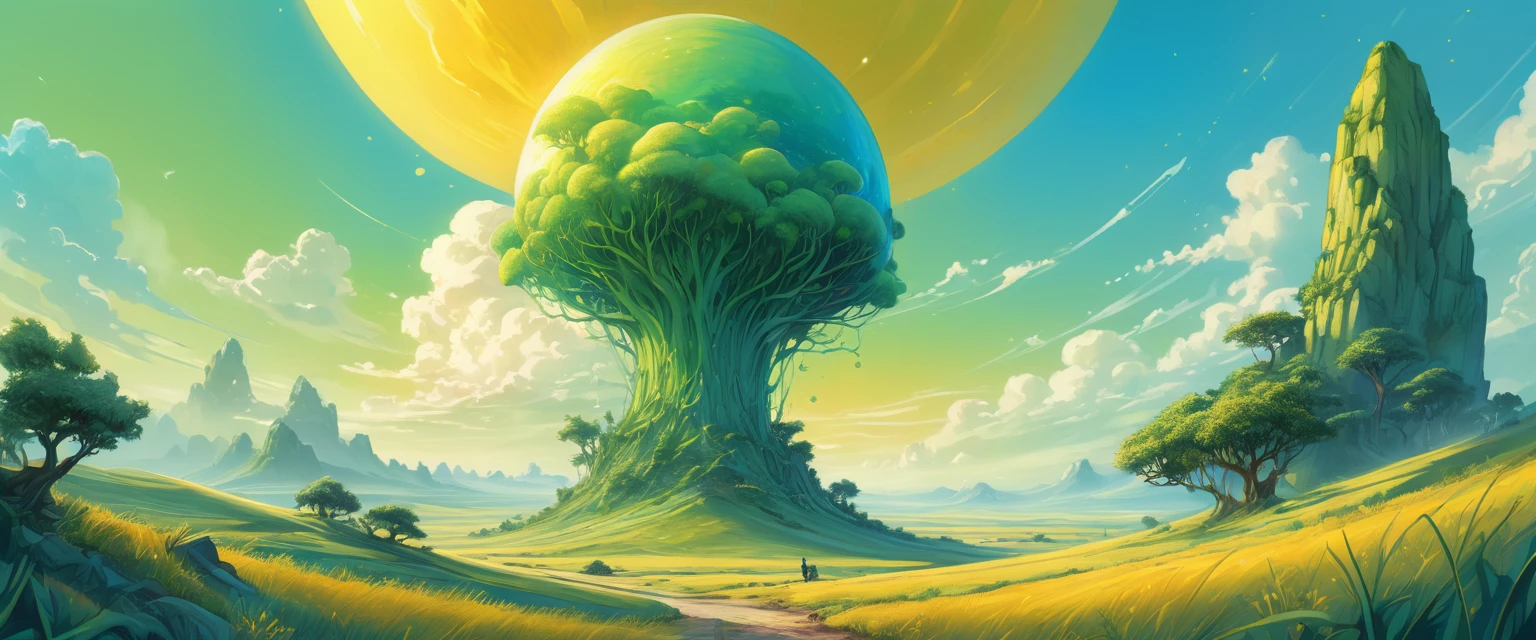 Dream illustration, similar to a fairy tale, oil painting, 8K，k hd, Rick and Mothry, fund, Beautiful steppe plains, High definition, doradas, yellow light, Light blue-green, Carmim, light green, sunrise colors, doradas glow atmosphere (digital drawing:1.2), comic style, ToonYou Style, illustrative funk, Graffiti de contra-onda, Perspective view, Close extremo do rosto, tee shirt graphic, Ultra High definition, realisitic, bright coloured, highy detailed, Ultra High definition drawing, pen and ink, perfect composition, Linda, detailed, intricate, insanamente detailed, octane rendering trend in artstation, 8k art photography, Arte conceitual fotorrealisitic, soft natural volumetric cinematic perfect light