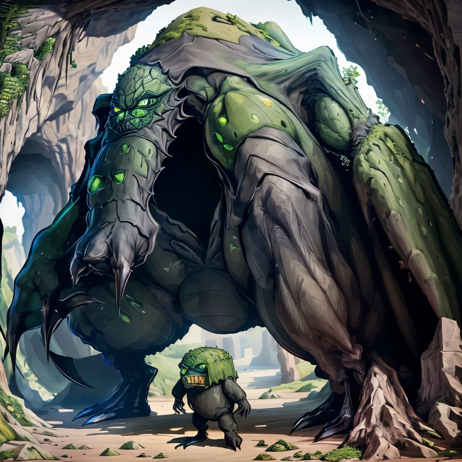 Imagine a Minecraft Creeper as if it were a realistic creature in the natural world. Tall, monster body, green skin. big black eyes, black mounth. Consider how it would move and interact with its environment, its posture, and expression. Explore its essence as a unique and intriguing creature while retaining recognizable elements that make it an icon of the Minecraft game. Realistic, at night. Green skin, skin with some white spots, skin made of green ammonium nitrate, green stone skin, short legs and arms, standing, ((inside a cave)), In a cave