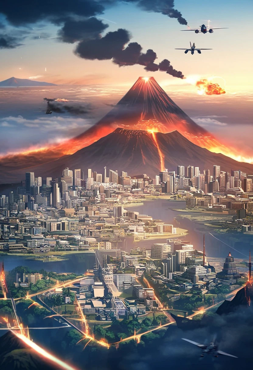Fighter planes fly over volcanic city,