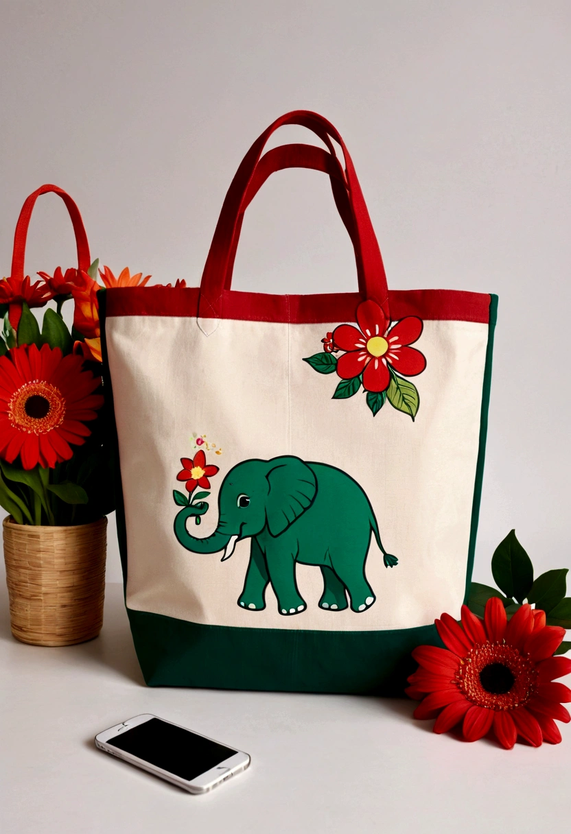 Canvas Tote Bag Design,Simplicity,modern,upscale,Cute cartoon elephant,Color blocking,Flowers,Taiping Life Insurance Logo,red,green,Coffee color,illustration,Animation,Pixar,