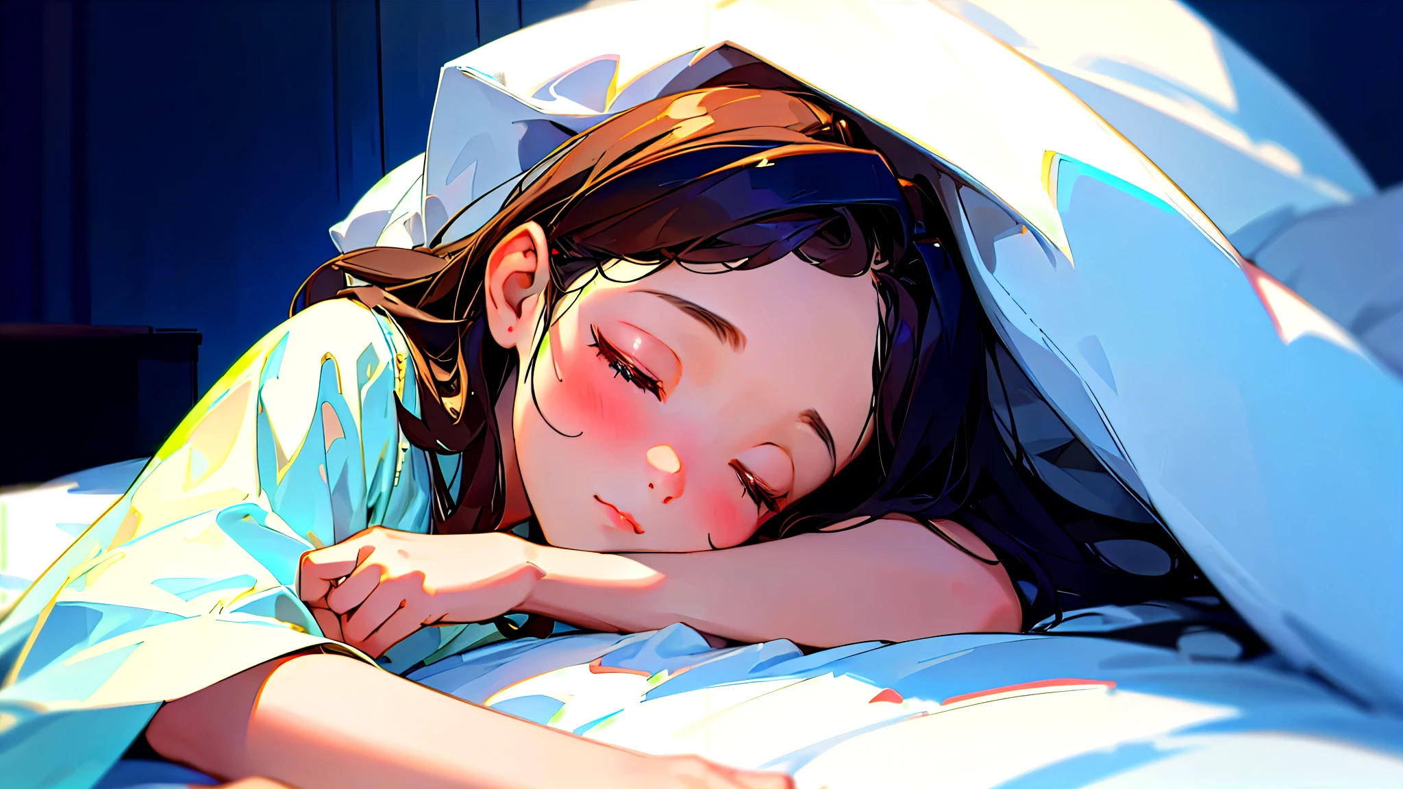 (Highest quality, masterpiece, Ultra-realistic), Beautiful and delicate15Year-old girl portrait,, The background is my bedroom at home.、Sleeping with a calm expression、Midnight、It's pitch black in the room.、It's raining outside、Rainy season、It's dark outside