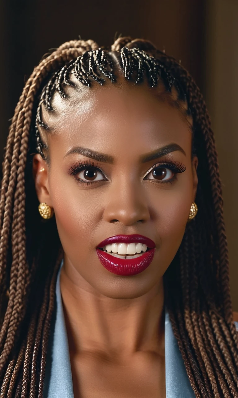 photo of 26 years african woman facing the camera, shot from waist up, (long dark brown brown box braids:0.9), tooth gap, serious, (puffy sharp eyes:1.15), office background, background flashlight rises, dynamic pose, cinematic lighting, soothing skin, mohagany lipstick, (slighty open mouth:1.25), (shoulder view:1.2),

depth of field, highly detailed, gorgeous, sharp detailed, extreme focus.