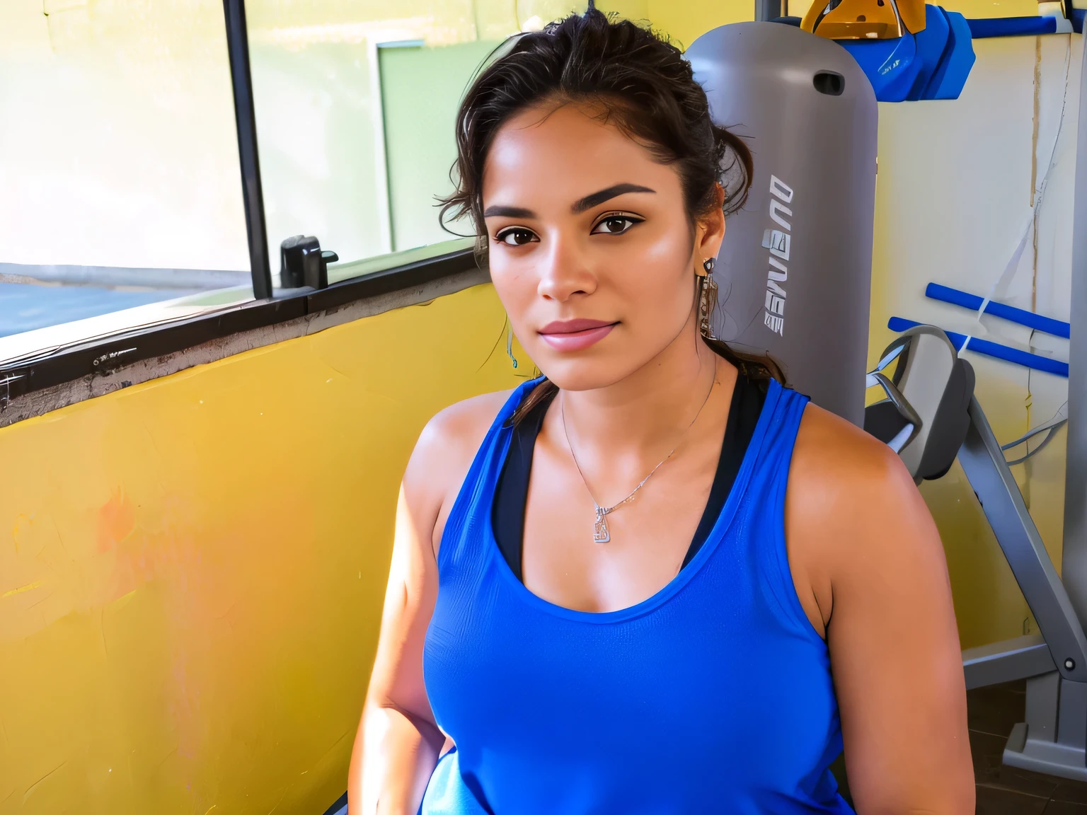 there is a woman sitting in a gym with a blue tank top, carla ortiz, Caroline Gariba, by Amelia Peláez, sweating, by Gina Pellón, by Nándor Katona, marischa becker, malika favre, sandra, pillar, fernanda suarez, magali, centre image, lorena avarez