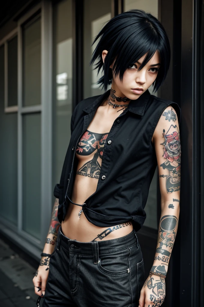 Tough tomboy anime girl with tattoos smoking with piercing and baggy clothes