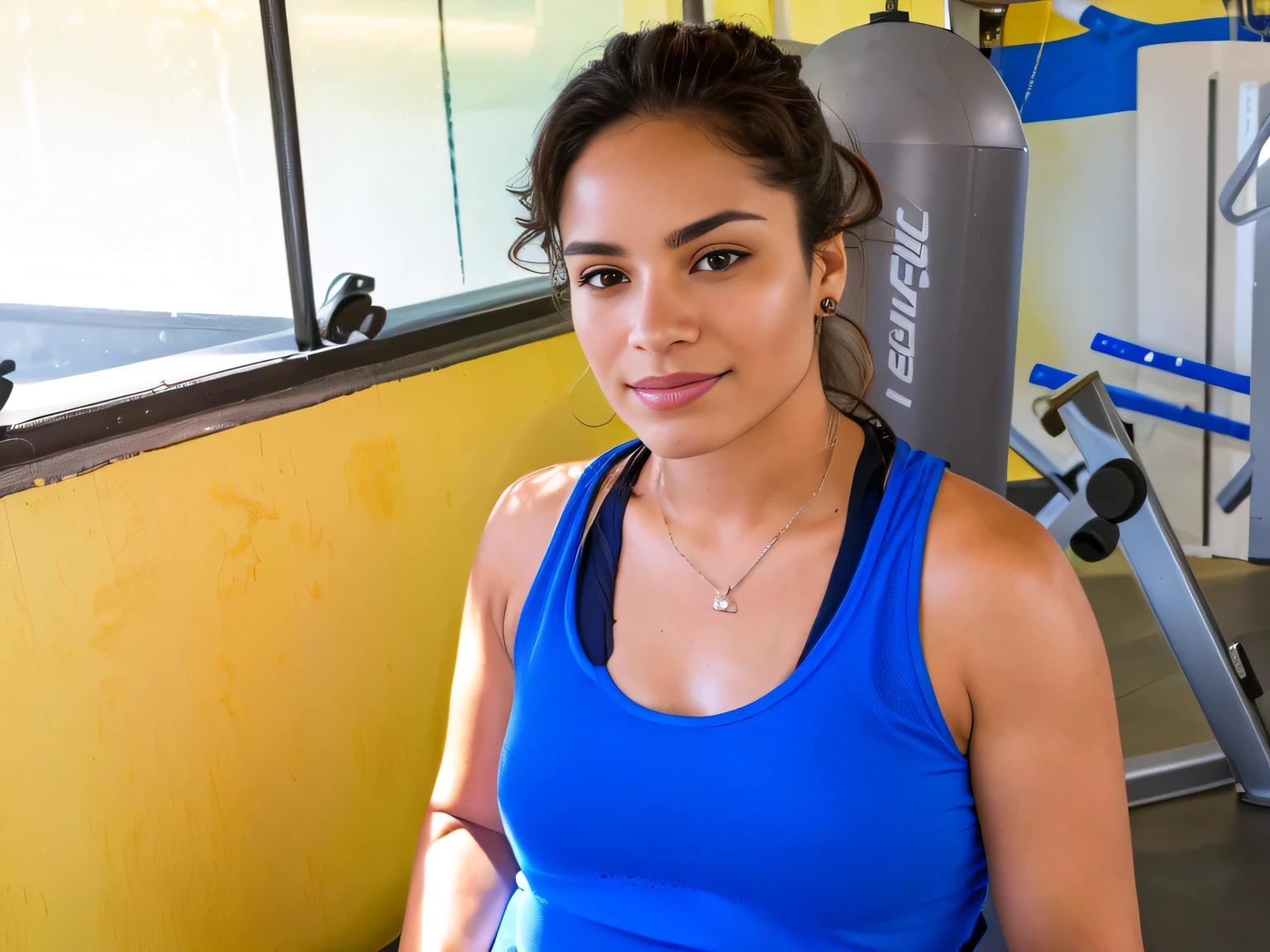 there is a woman sitting in a gym with a blue tank top, carla ortiz, Caroline Gariba, by Amelia Peláez, sweating, by Gina Pellón, by Nándor Katona, marischa becker, malika favre, sandra, pillar, fernanda suarez, magali, centre image, lorena avarez
