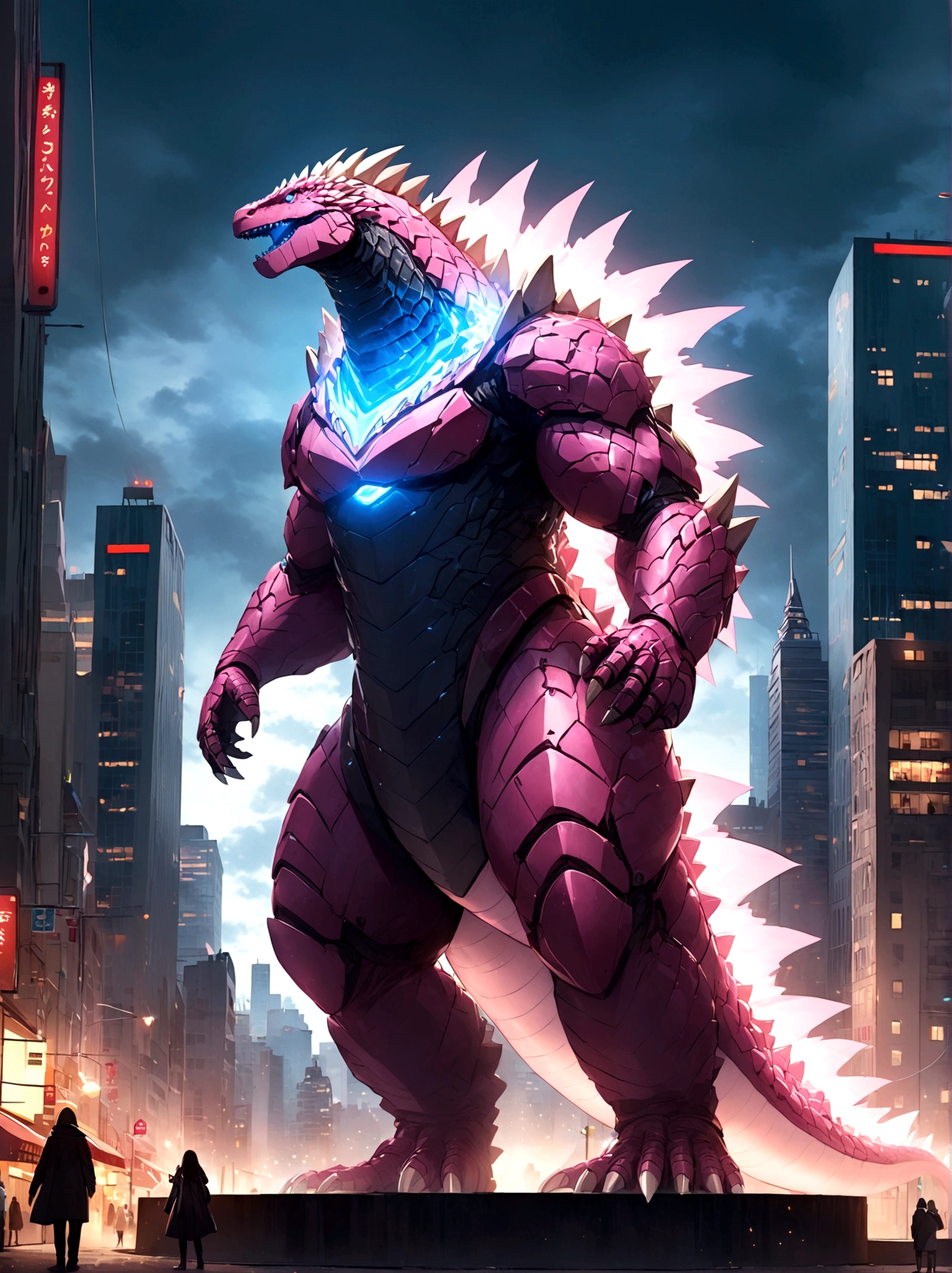 solo, full body, outdoors, city, glowing, building, no humans,pink godzilla