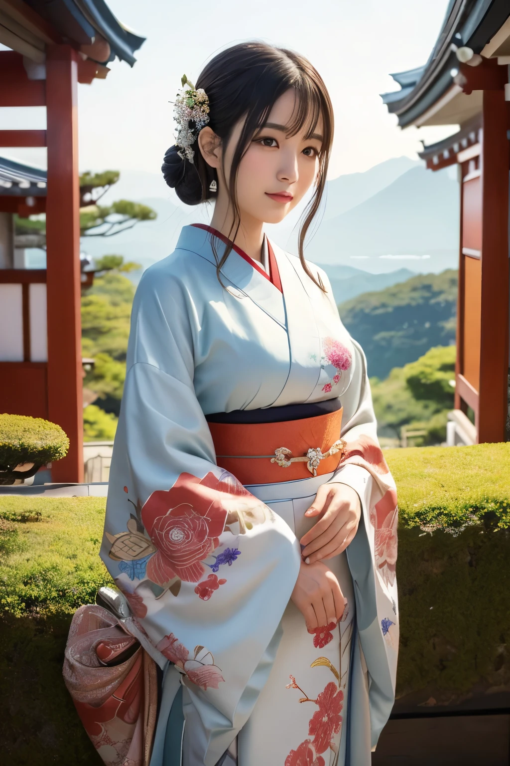 Create an illustration of Kukurihime no Mikoto, the Japanese goddess of marriage and matchmaking. She should be depicted as a serene and benevolent deity, wearing traditional Japanese garments adorned with intricate floral patterns. She is standing gracefully by a sacred mountain, symbolizing her association with Mount Hakusan. In her hands, she holds a red string of fate, which is a symbol of connecting people. The background should feature a peaceful landscape with lush greenery and a Shinto shrine in the distance. The overall atmosphere should be divine and enchanting, with soft, warm lighting that highlights her divine nature and the spiritual energy of the place.