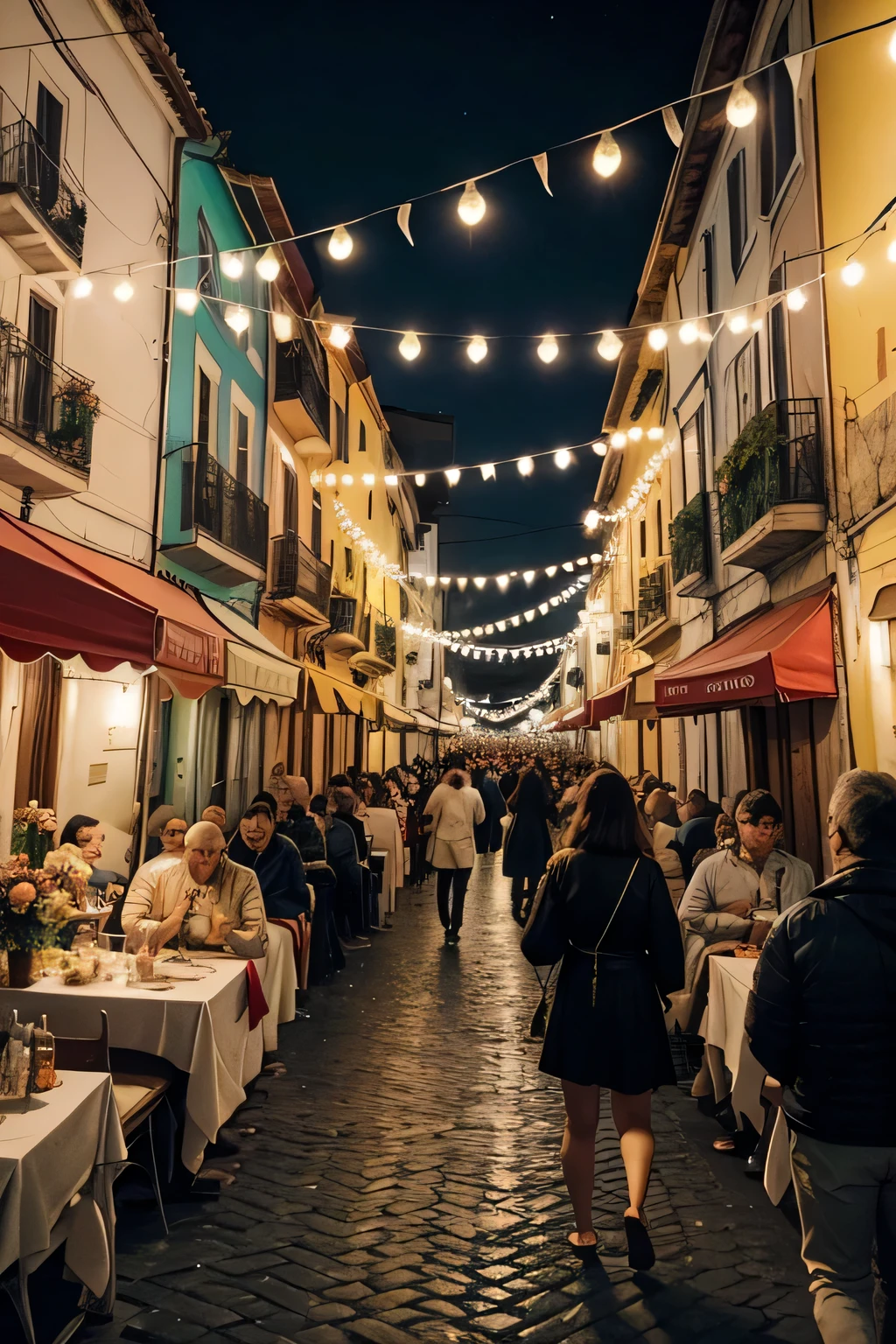 Alfama Night Scene during the Santo Antônio Festivities Background and Environment:

The scene takes place on a summer night in a historic neighborhood in Lisbon., like Alfama.
The narrow, winding cobblestone streets are illuminated by festive lights and colorful lanterns hang between the buildings.
The facades of the buildings, typical of Lisbon architecture, are decorated with colorful flags and paper ribbons.
Crowd and Activities:

A happy crowd of locals and tourists fills the streets, some dancing to Portuguese popular music played live.
Groups of people are gathered around tables and food stalls.
In a corner, there is an improvised stage where a local fado group is performing, with musicians playing Portuguese guitars and singers performing traditional songs.
Food and drink:

Food stalls serve grilled sardines, that are grilled outdoors, releasing smoke and aroma.
There are tables with bread, roasted peppers, green broth and roasted chorizo.
People are holding glasses of red wine and beer, toasting and chatting happily.
Cultural Elements:

Newlywed couples, part two "Saint Anthony Weddings", are walking through the streets, dresses in wedding attire, receiving congratulations and gifts.
Small basil vases (basil) are scattered across the tables, some with popular quatrains written on small pieces of paper.
Decoration & Details:

Strings of triangular flags and paper lanterns hang from one side of the streets to the other., creating a colorful ceiling.
Balloons and ribbons decorate the balconies and windows of buildings.
In some windows, there are images and altars in honor of Saint Anthony, adorned with flowers and lit candles.
Popular Marches:

A popular marching group is parading down the main street. They are dressed in traditional and colorful costumes, carrying props and banners.
The dancers are wearing flowy dresses and the male dancers, sailor clothes or typical costumes.
