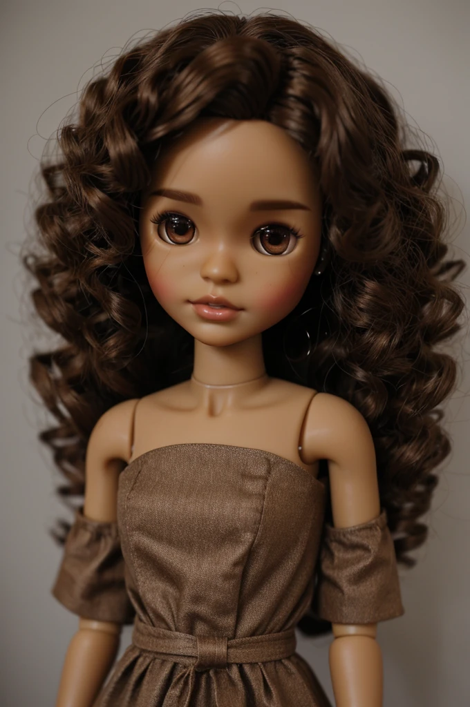 Blythle doll, brown skin, oval to round face, shoulder length curly hair,slim