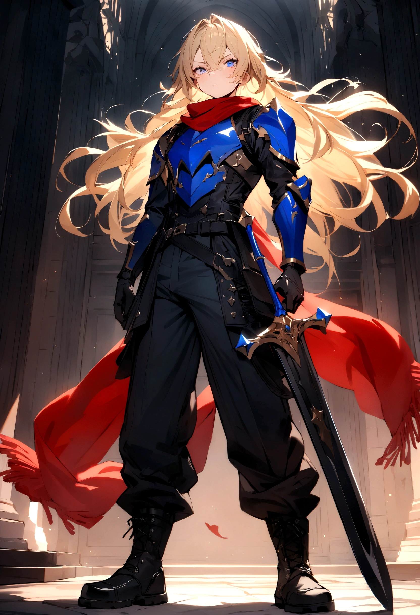 ((Best Quality)), ((Masterpiece)), (detailed), Name: Kaiser genre: male height: 1.71 meters Hair Color: Light Blonde Hair Style: Something long, slightly messy Eye Color: Constitution Royal Blue: Athletic but not exaggerated clothing: black light armor + Red scarf + black baggy pants + combat boots + red double edged sword + black gloves with bare fingers