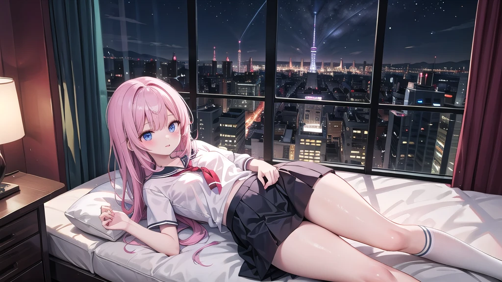 Highest quality(8k)masterpiece、Similar to Anochan(2.0)、Time: Night(1.8)He is lying on the bed by the window and talking on his cell phone.(1.8)Clothing is high school uniform(1.8)The night view can be seen from the window(1.8)、A room in a high-rise apartment with very large windows(1.8)It's dim in the room.(1.8)、One girl、Very cute、Best Style、Hairstyle(long(1.8))The room is a high school girl's room(1.8)、There are no curtains、17age、Firm and refreshing々Fresh skin。Plump legs、eye(Super detailed 1.8)Wearing makeup(2.0)、Dependent、