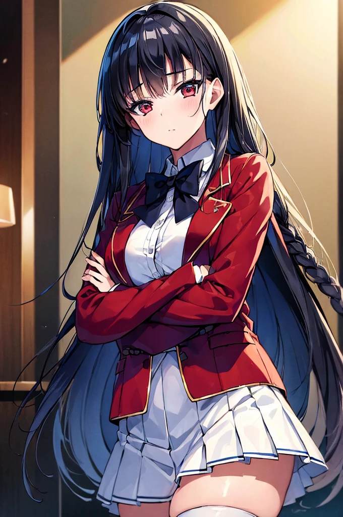 (masterpiece, best quality:1.5), (ultra detailed:1.4), super fine illustration, perfect anatomy, 8k portrait, official art, anime screencap,
1girl,
Suzune Horikita,
Suzune Horikita \(youjitsu\),
long hair, braid,
black hair,
red eyes, slant eyes, small eyes:,
blue bow,
medium breasts,
, red jacket, long sleeves, white skirt, pleated skirt, black thigh-high socks,
looking at viewer,
cowboy shot,
perfect light,