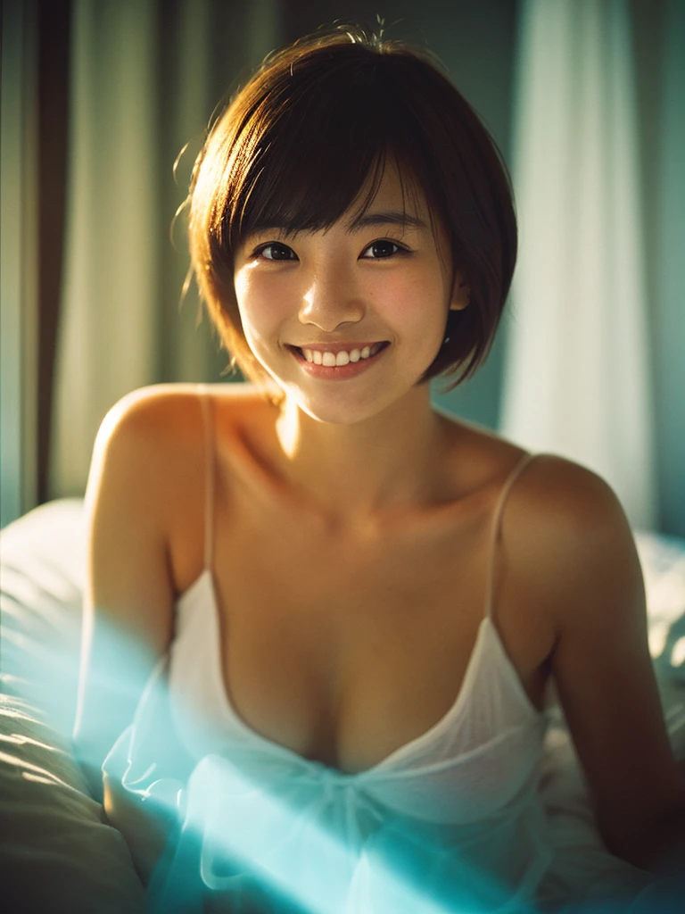 Japan women, A smile、nudde、middlebreast、Young Face, Curly Bob Cut Hair, morning, On the bed in the bedroom, Incomplete details, Shot with Leica, analogue, 35 mm:: (Artistic light leakage:1.4), Lens Flare::4 - Style Raw - AR 2:3 --s 150 --c 4