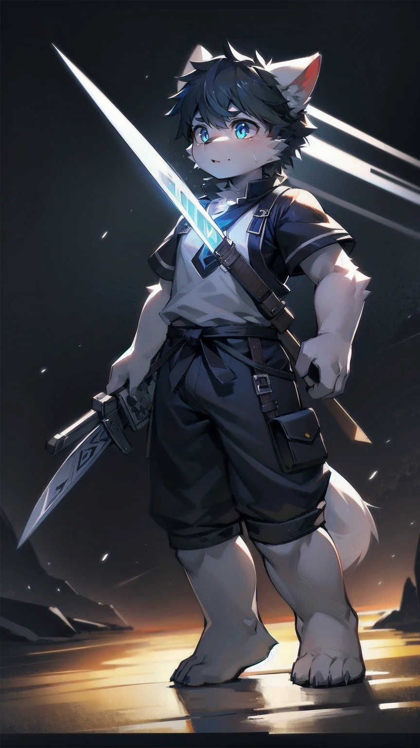 White Wolf，black hair，Sky blue eyes，hairy，Wolf ears，Wolf tail，Full body portrait，The character is in the center of the frame，Handsome，Confident eyes，male，juvenile，Black and white combat uniform，Red neck bib，Black shorts，Short sleeve，hairy arms and legs，Dark background，Dark battlefield，dawn，sunrise，dawn，illumination，shadow，Swordsman，Scabbard and sword，Hold the hilt of a sword in your hand，The scabbard is at the waist，Highest quality