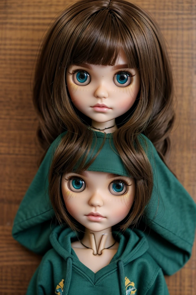Blythe doll hanzel eyes between honey brown and somewhat green tones wolfcut hair Brown color medium and messy and blue sweatshirt