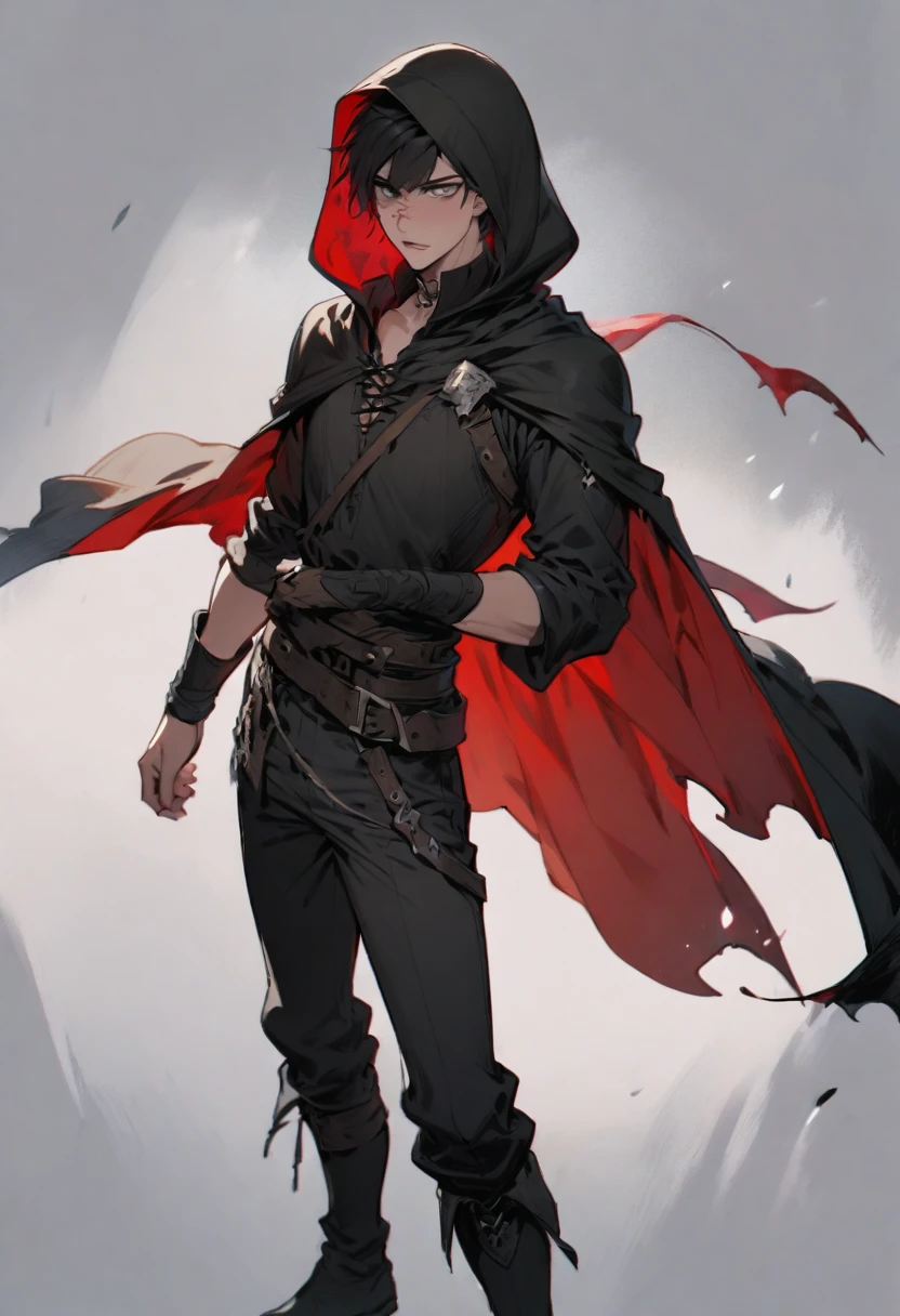 young man ,Male Dark, Red & Black colors, gray eye, rogue dnd, wear cape, hood, have scar