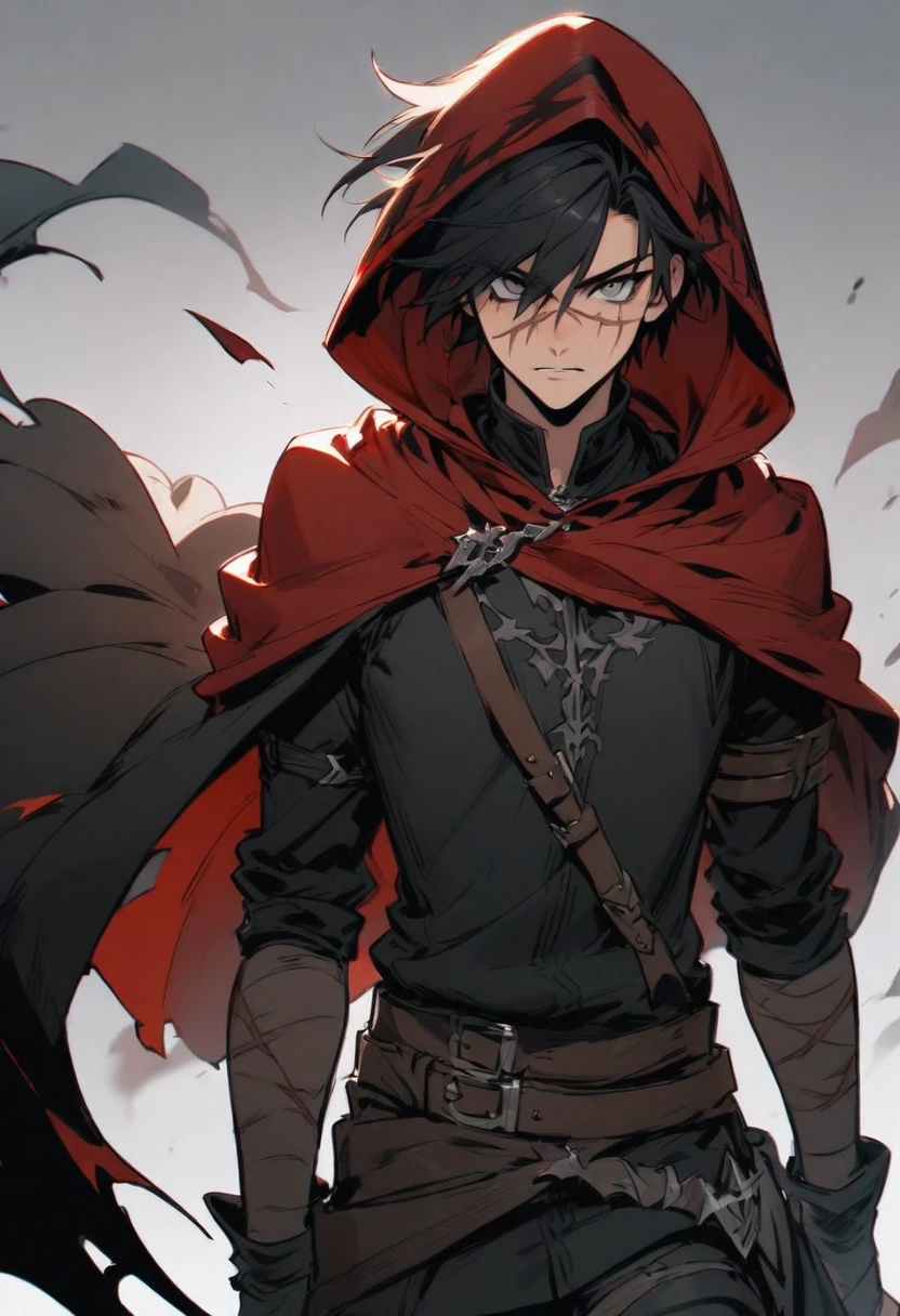 young man ,Male Dark, Red & Black colors, gray eye, rogue dnd, wear cape, hood, have scar