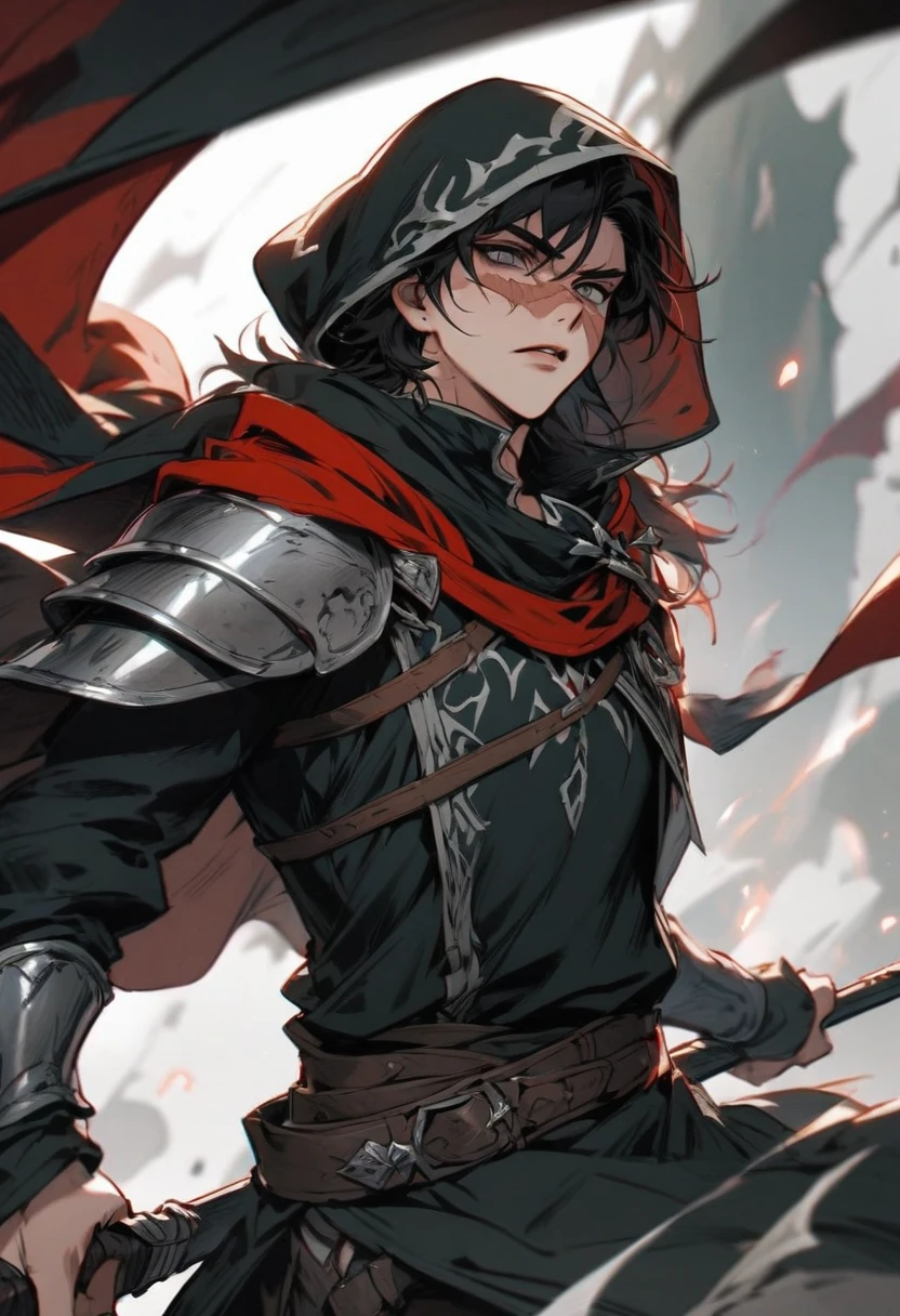 young man ,Male Dark, Red & Black colors, gray eye, rogue dnd, wear cape, hood, have scar