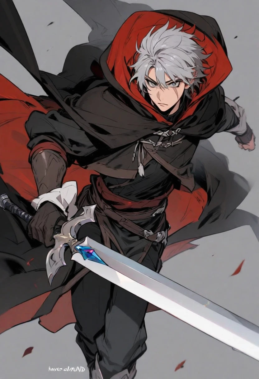 young man ,Male Dark, Red & Black colors, gray eye, rogue dnd, wear cape, hood, have scar