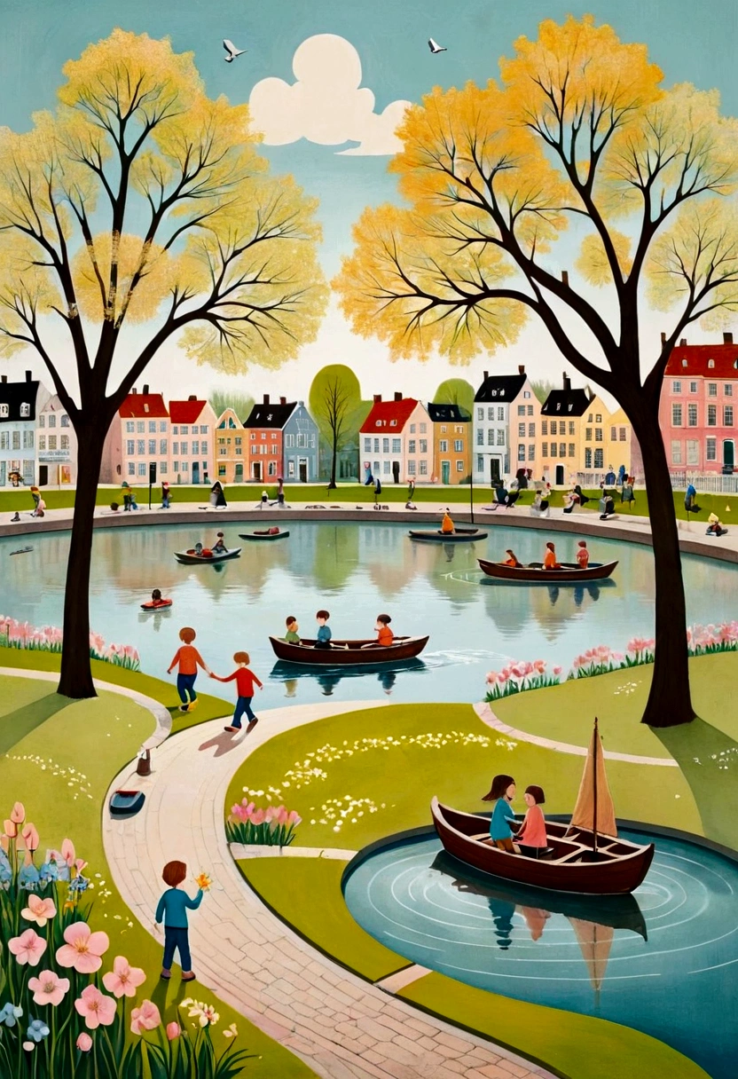 Illustration of a picturesque spring scene in the park, with blooming flowers and children playing on boats, surrounded by quaint houses. In the style of Scandinavian art, with soft pastel colors, and detailed line art. A joyful atmosphere is captured as people relax under trees or socialize at small fountains. The background shows an old town street lined with historical buildings. In the style of Isabelle Arsenault's paintings. High resolution, high quality, high detail, high sharpness, high definition. 