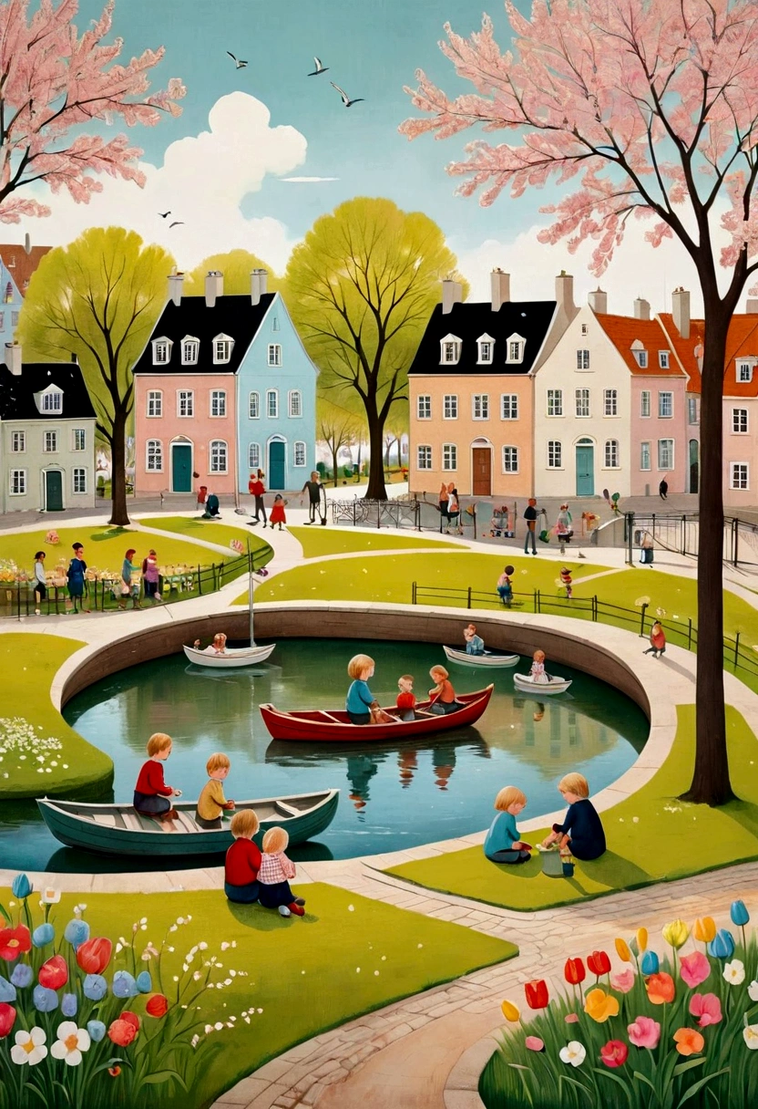 Illustration of a picturesque spring scene in the park, with blooming flowers and children playing on boats, surrounded by quaint houses. In the style of Scandinavian art, with soft pastel colors, and detailed line art. A joyful atmosphere is captured as people relax under trees or socialize at small fountains. The background shows an old town street lined with historical buildings. In the style of Isabelle Arsenault's paintings. High resolution, high quality, high detail, high sharpness, high definition.