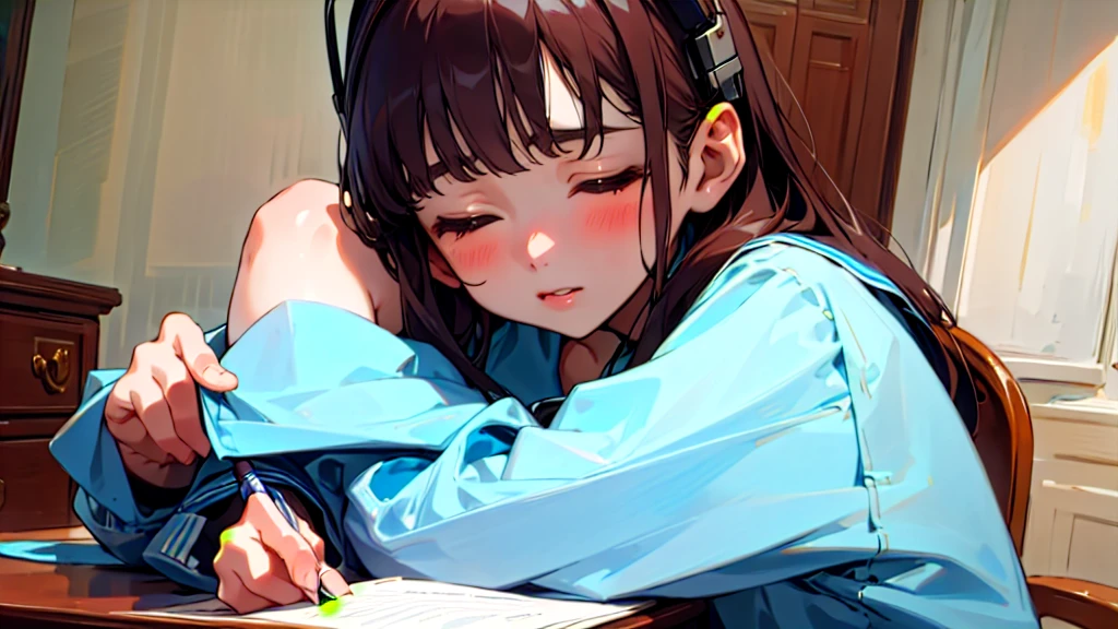 (Highest quality, masterpiece, Ultra-realistic), Beautiful and delicate15Year-old girl portrait, With a calm and gentle expression, The background is the bedroom at home.、I am studying hard at my desk.、Holding a pen、Cute clothes、Bust is C cup、Wearing headphones and occasionally listening to music、Dance occasionally、When listening to music, I put my hands over my ears and close my eyes.