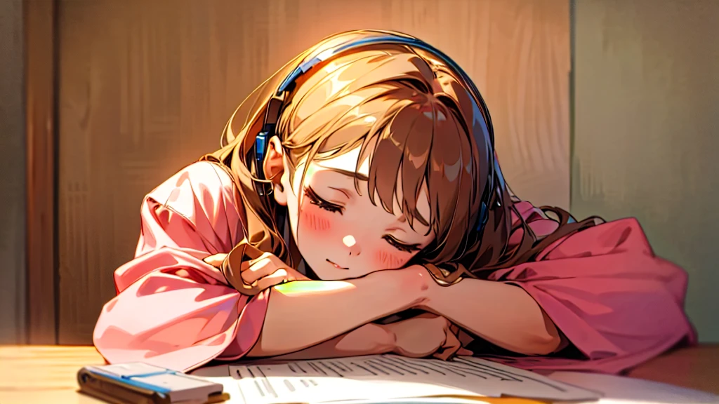 (Highest quality, masterpiece, Ultra-realistic), Beautiful and delicate15Year-old girl portrait, With a calm and gentle expression, The background is the bedroom at home.、I am studying hard at my desk.、Holding a pen、Cute clothes、Bust is C cup、Wearing headphones and occasionally listening to music、Dance occasionally、When listening to music, I put my hands over my ears and close my eyes.