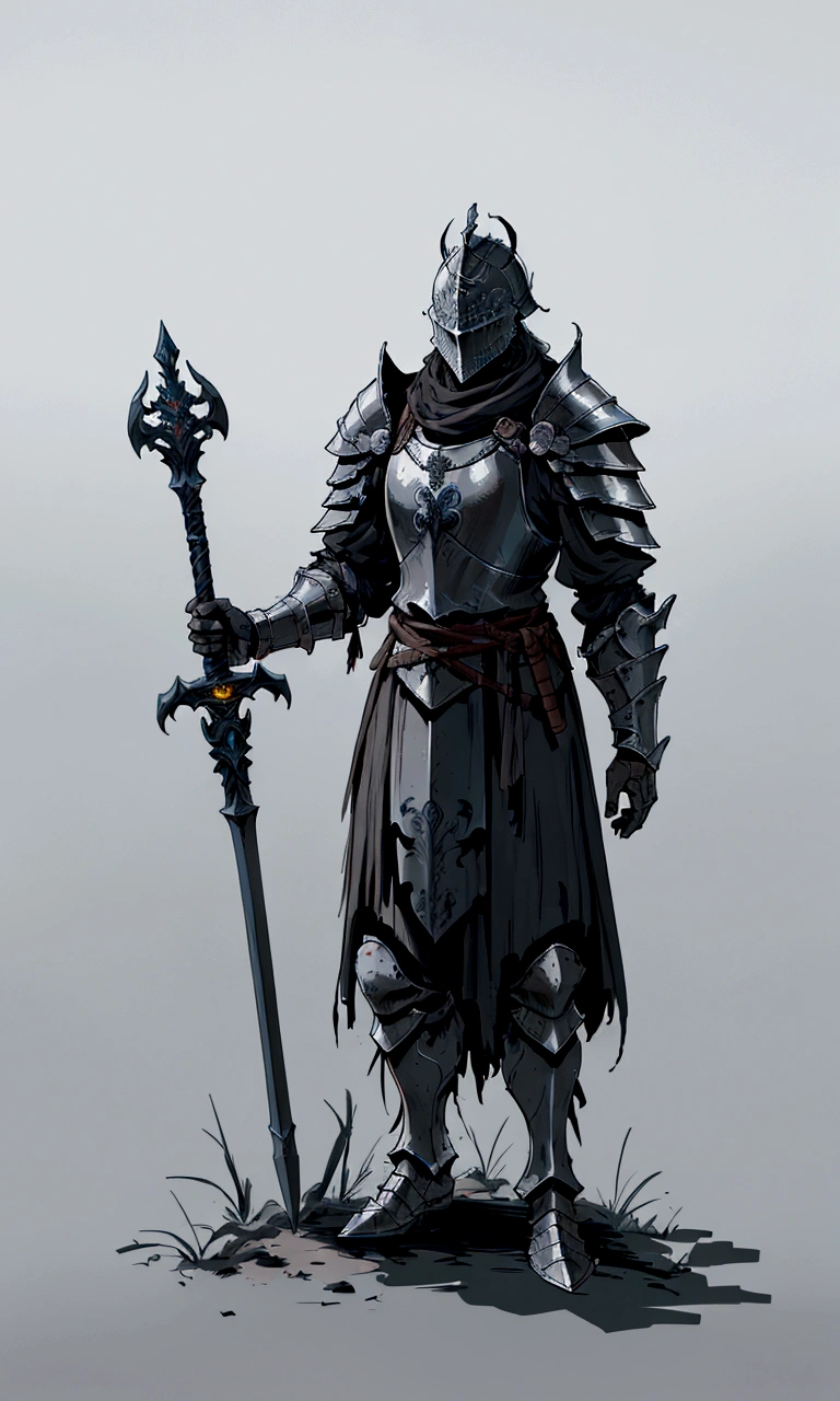 a drawing of a man in armor holding a sword and a staff, dark soul armor concept, medieval concept art, grey armor, darksouls concept art, dark souls concept art, for honor charector concept art, concept armor, concept art of a warrior, pale black armor, black iron armour, some curved armor, the dark souls knight, armour merging with body