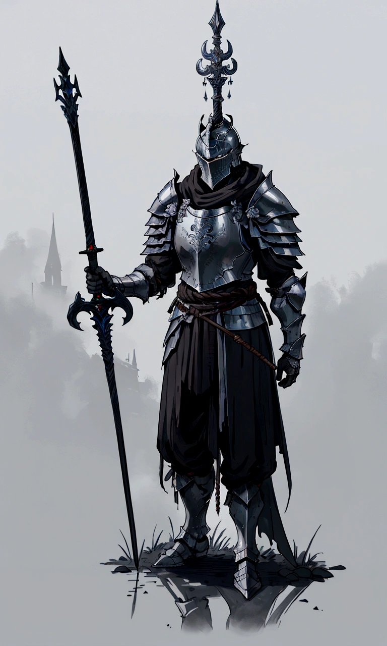 a drawing of a man in armor holding a sword and a staff, dark soul armor concept, medieval concept art, grey armor, darksouls concept art, dark souls concept art, for honor charector concept art, concept armor, concept art of a warrior, pale black armor, black iron armour, some curved armor, the dark souls knight, armour merging with body
