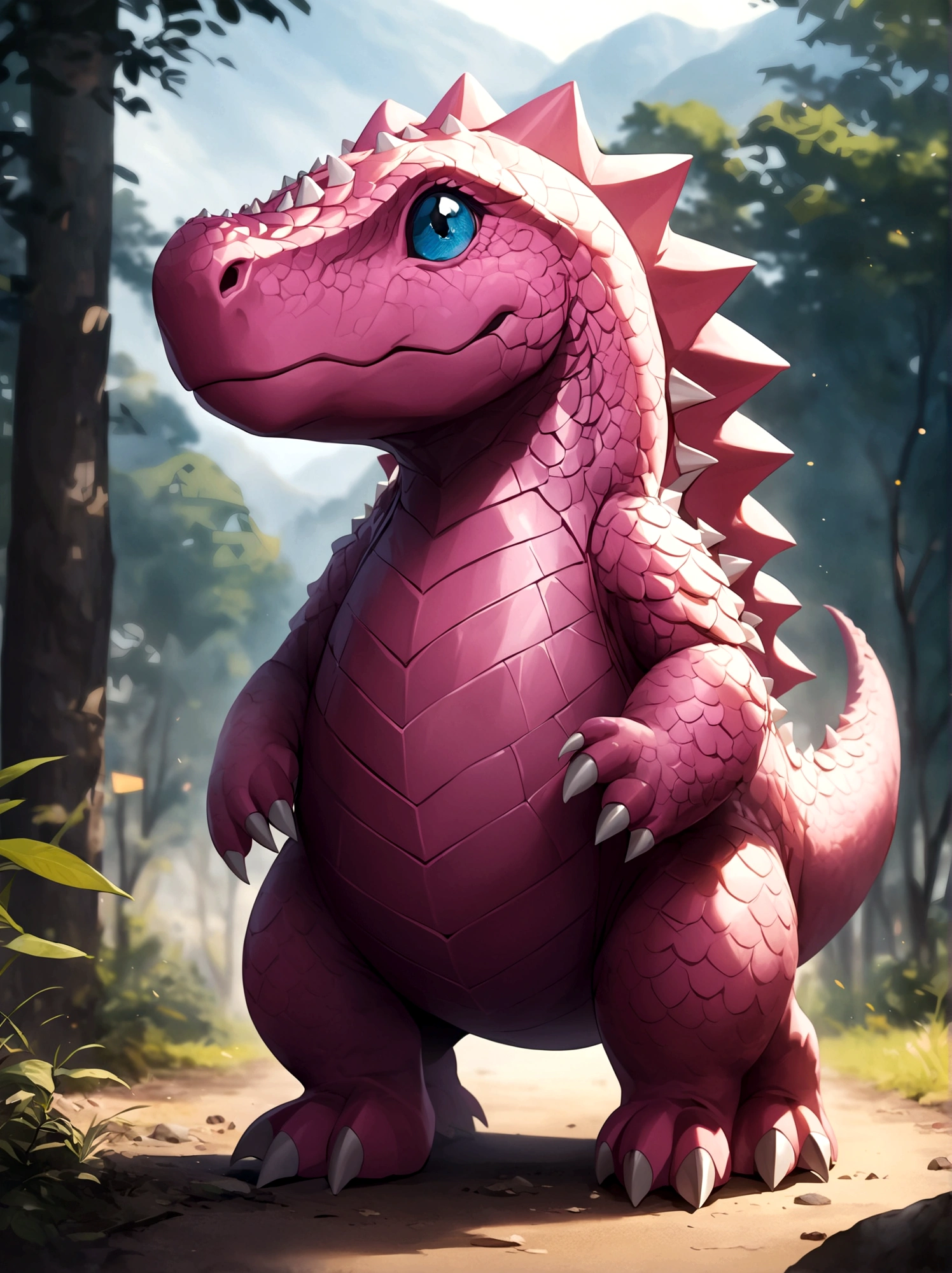 solo, full body, outdoors, blurry, no humans,Pink dinosaur,