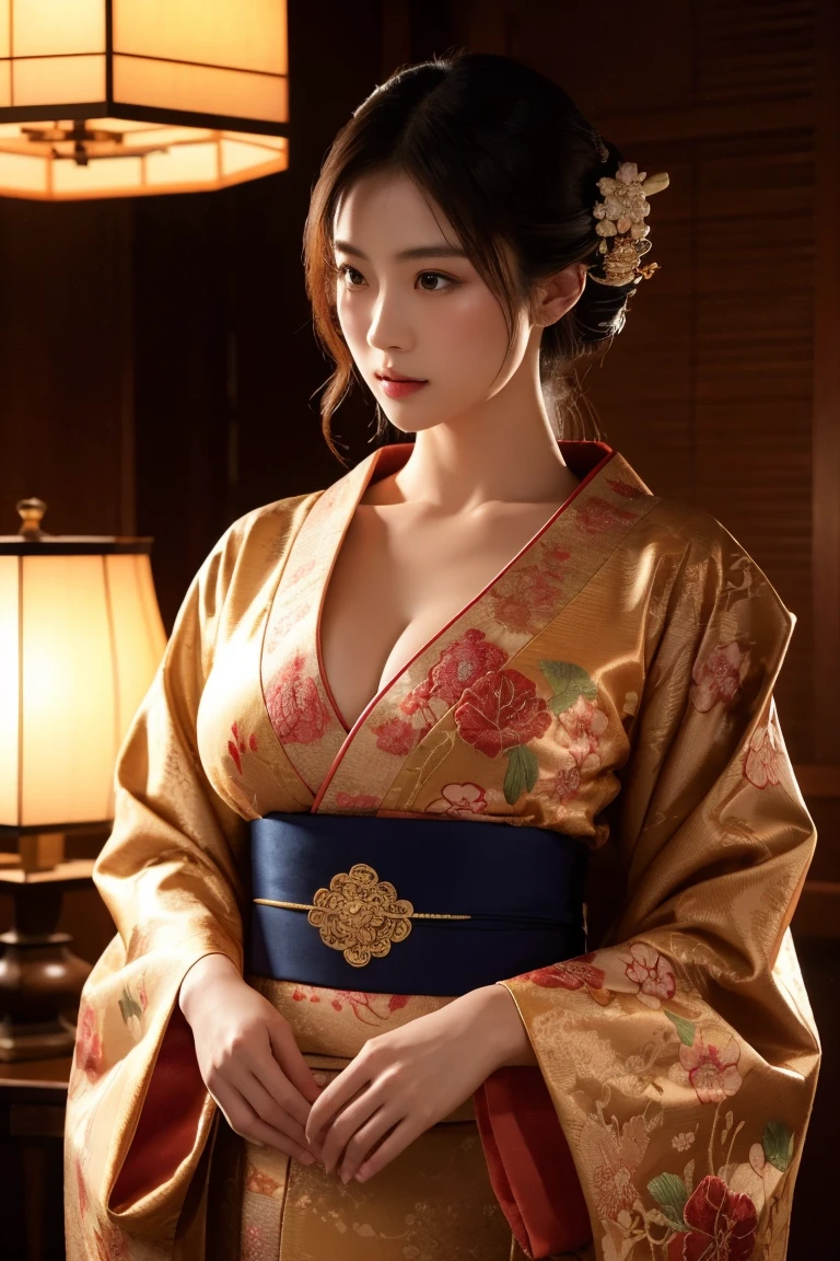 Beautiful Japanese woman in an ornate kimono with intricate embroidery, Very large breasts, Dim lighting, Cinematic, Artwork, View your viewers, masterpiece, Super detailed, 8K, Realistic, Chiaroscuro lighting, elegant, Sophisticated, elegant, Calm, Mysterious, Atmospheric