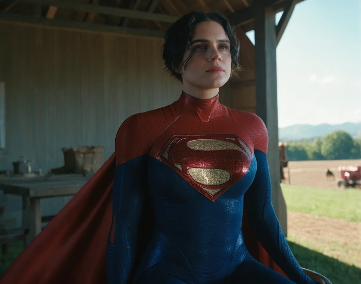 50mm lense 8k Close up shot of solo  6 feet tall DCEU  Supergirl, with a  cape she is sitting outdoors on a Chair in a farm. Sunny day, Natural Light over her body, hard shadows, Day Time, Extremely Bright Atmosphere Time, 8k texture suit, 8k quality shot