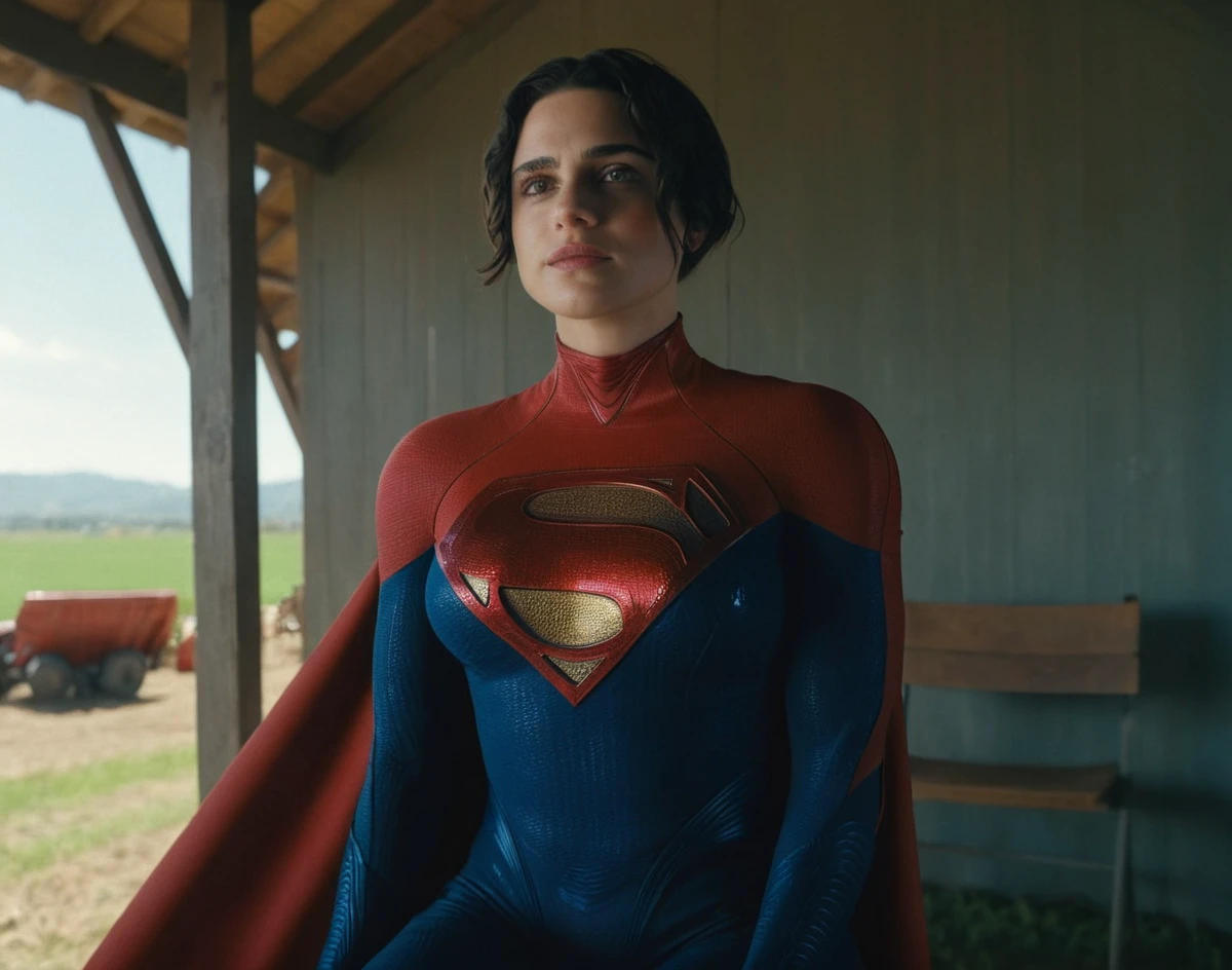 50mm lense 8k Close up shot of solo  6 feet tall DCEU  Supergirl, with a  cape she is sitting outdoors on a Chair in a farm. Sunny day, Natural Light over her body, hard shadows, Day Time, Extremely Bright Atmosphere Time, 8k texture suit, 8k quality shot