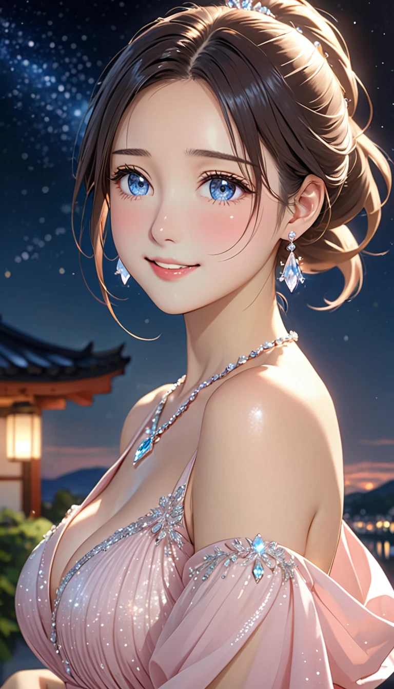 National Science Foundation,masterpiece,High resolution,8K,art,refer to,Kyoto Animation Style,Your name style,To the camera,Soft Light,Glowing Skin,(Huge breasts:1.2),(1 female: 1.3),(alone: 1.4),Beautiful Afternoon Dress,Elegant formal dresses,Pink beige long dress,Shiny beautiful dress,Swarovski crystals on the dress,Crystal Hairpin,Crystal Earrings,Crystal Necklace,Long eyelashes,Thin legs,ponytail,Sexy pose,close of upper body,close,Close-up,Night starry sky,Eyes as deep as the starry sky,Pale blue eyes,Blushed,shy,shy,A shy smile,A slightly smiling face,Open your mouth,(tear up)