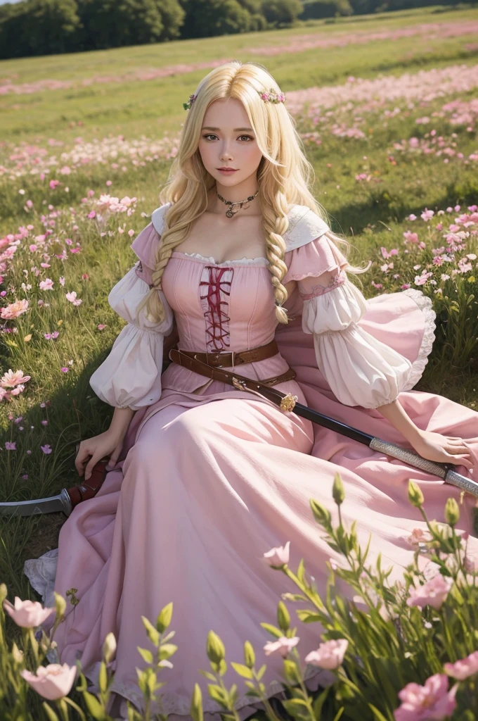 A woman in medieval times dressed in pink holding a sword in a field of flowers and this woman has blonde hair 