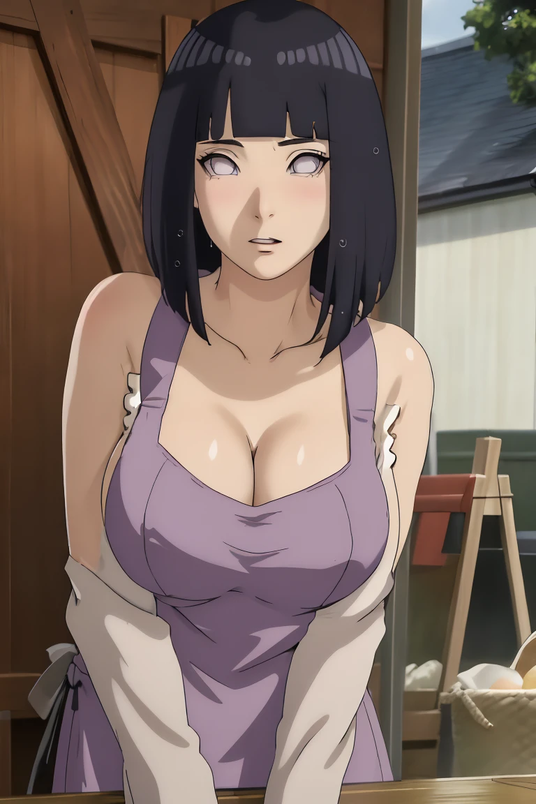 Made, absurderes, Hinata\(Boruto\), 1girll, Solo,Mature female, view the viewer,Perfectcomposition, Detailed lips, big breast, Beautiful face, body propotion, Blush, Long hair, Purple eyes, Soft Gaze, Sticky Liquid In the mouth, Sticky Liquid in the Breast, Super realistic, Detailed, photoshoot, Realistick faces and bodies，（perspire，Sweat a lot，Blushlush，Be red in the face，Blushlush），（Bigboobs），Outdoors，Stand at the door of the phone booth，natta，raining day, ((apron)), ((cleavage)), sideboob