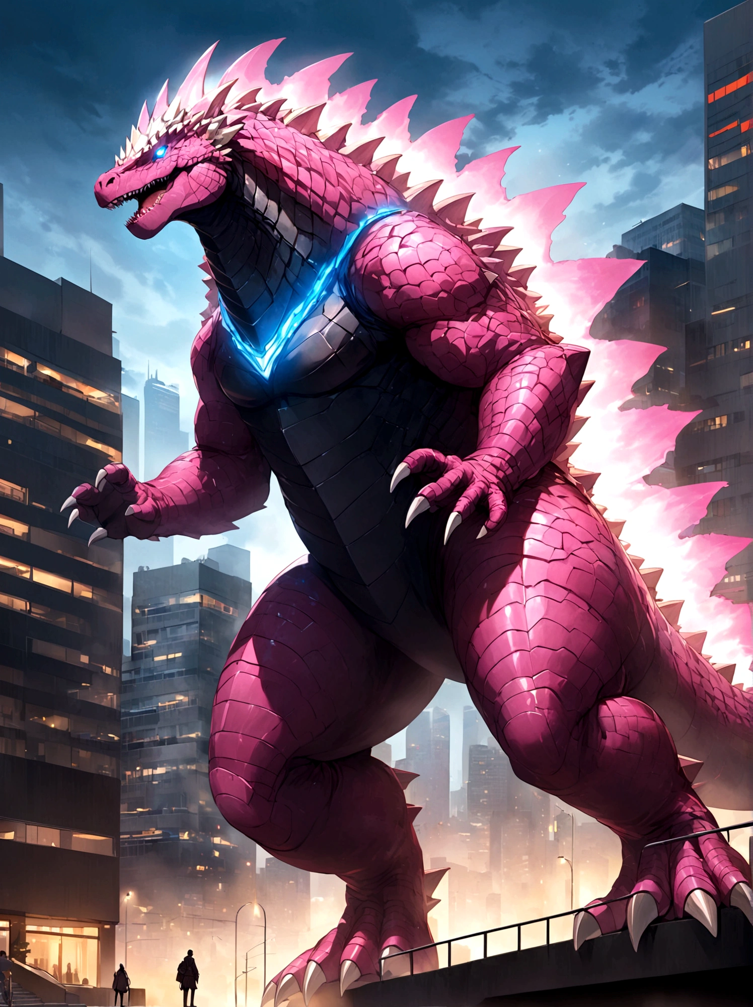 solo, full body, outdoors, city, glowing, building, no humans,pink godzilla