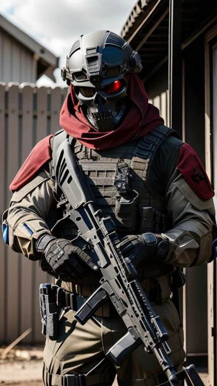 man strong, soldier. Special forces, skull mask, dark red helmet and armor, light red uniform, army, holding gun, The Death Squad.