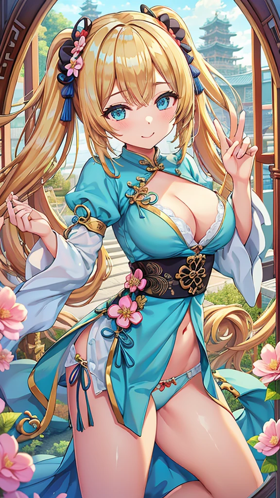 Masterpiece、Highest quality、Super detailed、1 girl、Blonde、Twin tails、Fluffy and soft long hair、Big Tits、Cleavage、Chinese Fantasy Palace、String Panties、Chinese clothing、A chest that looks like it is about to burst、smile、Aquamarine Eyes、No bra、Bare back