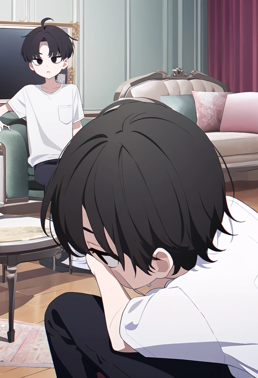(One short boy,Black Hair,The hairstyle is short,Black Eye)Sit on a chair,White Shirt、Black trousers,The background is the living room