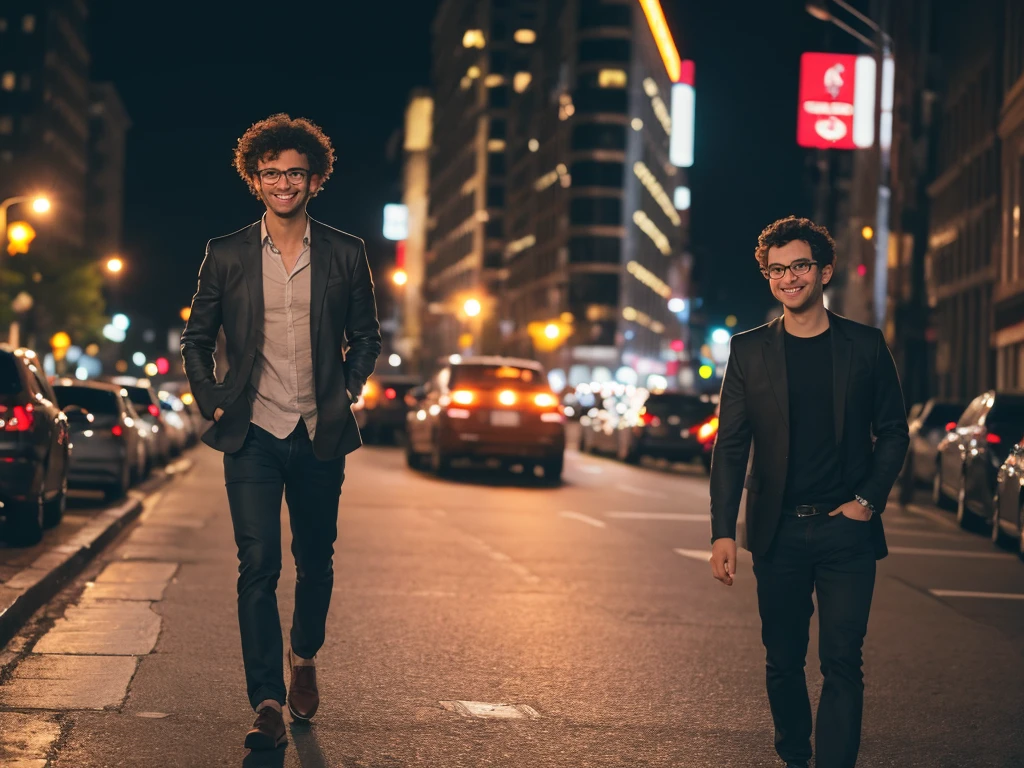 (best quality:1.2), masterpiece, Realistic, Ultra-high resolution, 1man, 26 years old, Curly hair, Wearing glasses, Walking with a smile, City at night